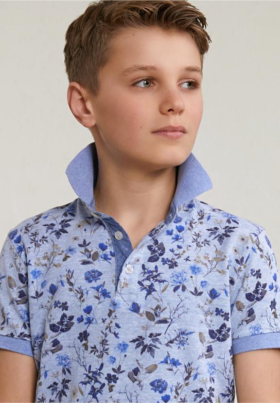 Custom Fit Cotton-Linen Floral Polo Chambray Mix - Blauw