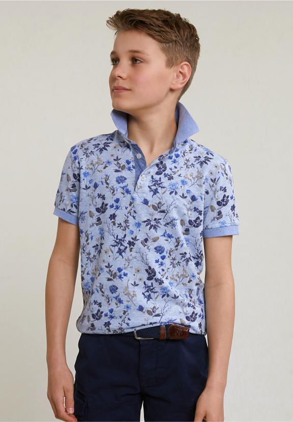 Custom Fit Cotton-Linen Floral Polo Chambray Mix - Blauw