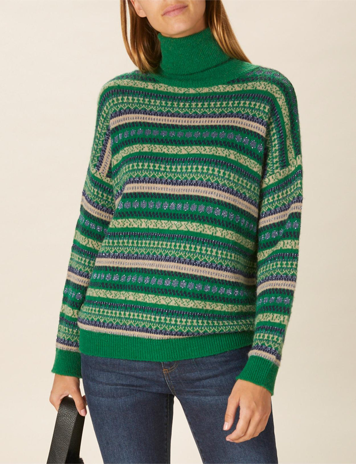 Turtle Neck Jacquard Pullover In Green - Groen