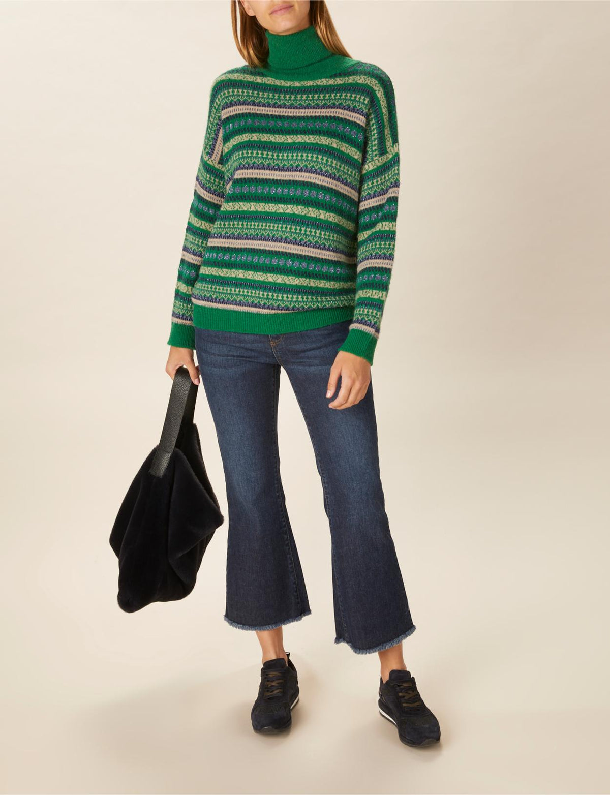 Turtle Neck Jacquard Pullover In Green - Groen