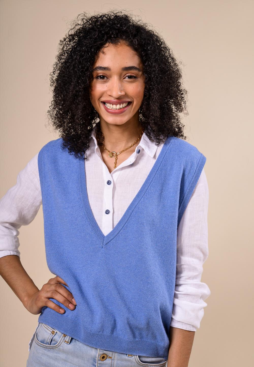 Sleeveless deep V-neck pullover in Blue
