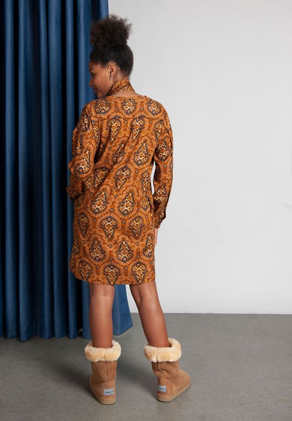 Vrouw Lange Mouw Viscose Jurk In Bruin - W