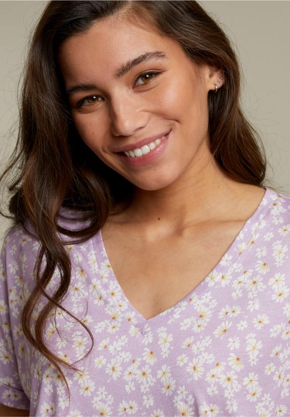 Lila V-Neck Floral Pattern T-Shirt - Paars