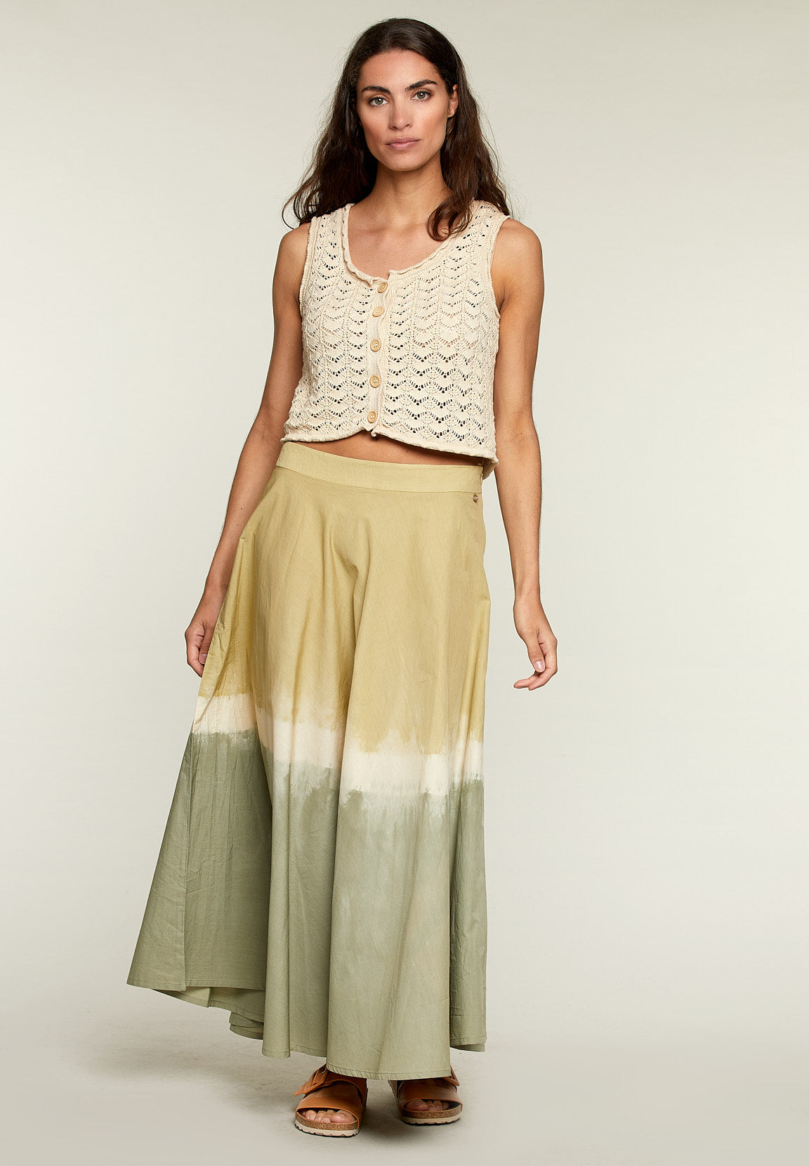 Long Tie &amp; Dye Cotton Skirt - Green - W