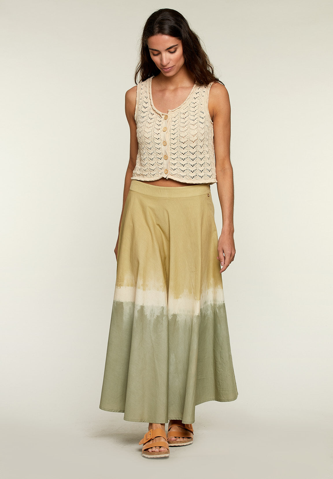 Long Tie & Dye Cotton Skirt - Green - W