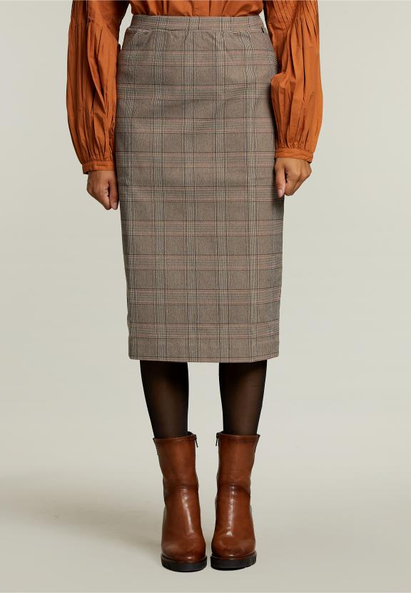 Multi Checked Midi Skirt - Marron