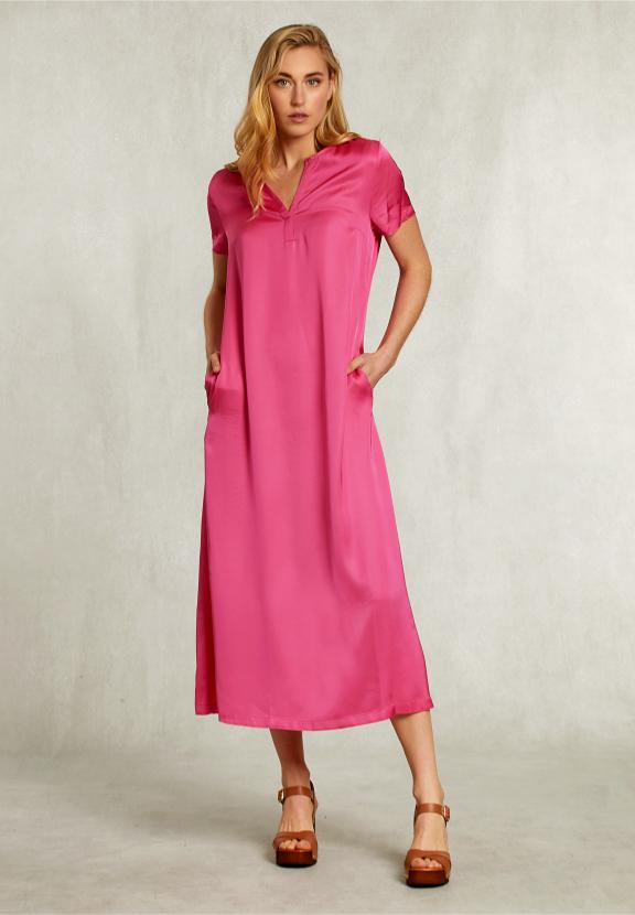 Fushia Long Straight V-Neck Dress - Roze