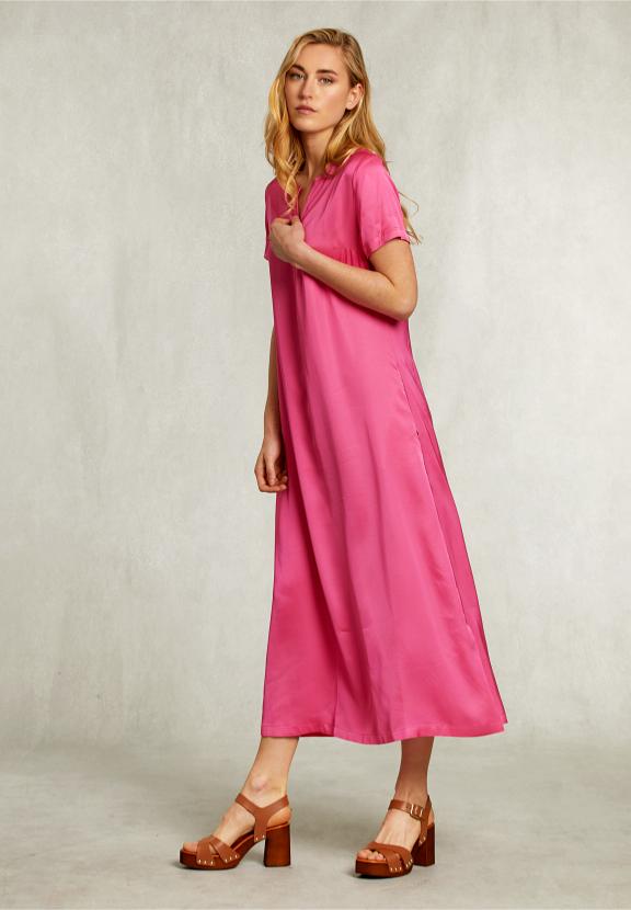 Fushia Long Straight V-Neck Dress - Roze