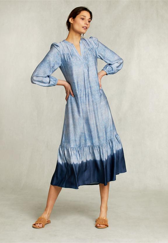 Blue Long Ruffled Tie-Dye Dress - Blauw