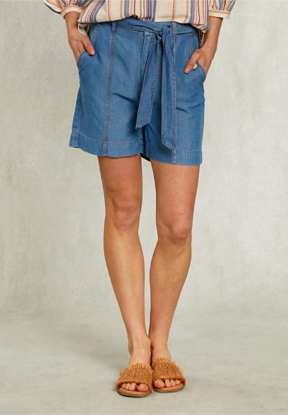 Blue Linen Short With Belt - Denim