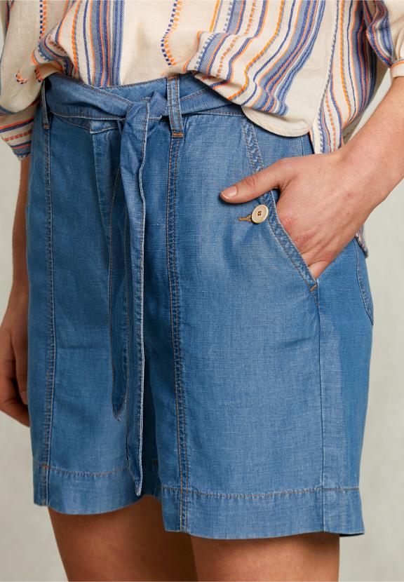 Blue Linen Short With Belt - Denim