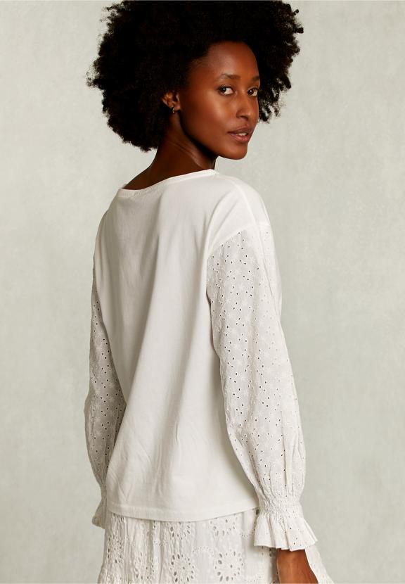Off White T-Shirt Long Sleeves Broderie Anglaise - Wit