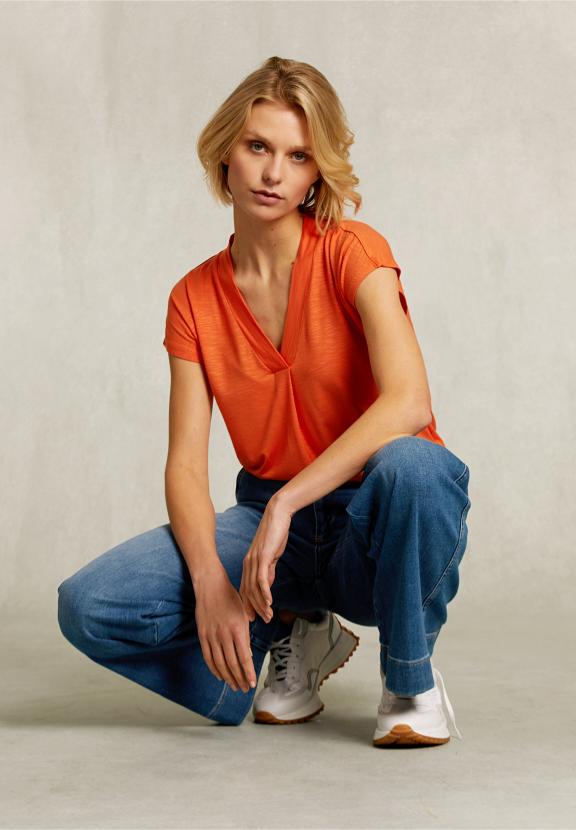 Orange V-Neck T-Shrirt Short Sleeves - Oranje