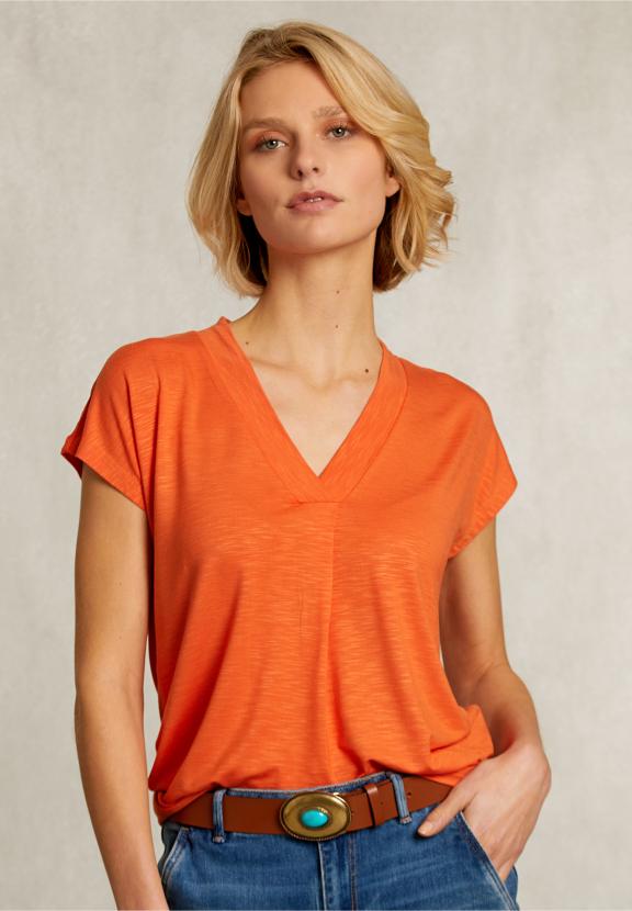 Orange V-Neck T-Shrirt Short Sleeves - Oranje