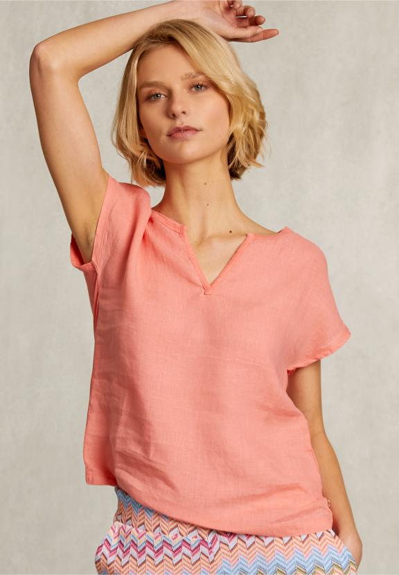 Orange Linen V-Neck T-Shirt - Orange