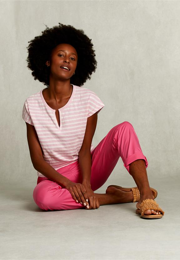 Off White/Pink Striped V-Neck T-Shirt - Roze