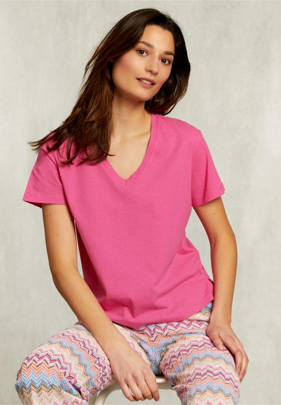 Fushia Basic V-Neck T-Shirt - Roze