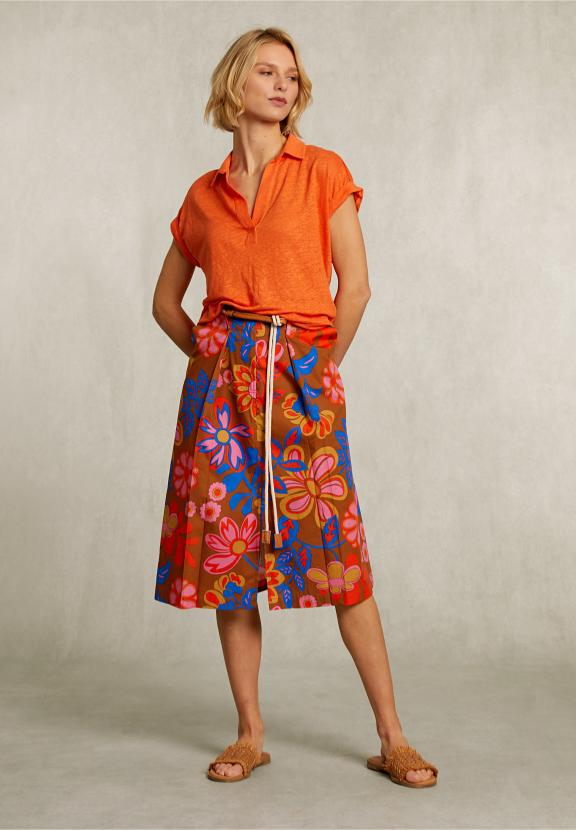 Orange Linen V-Neck T-Shirt Short Sleeves - Orange