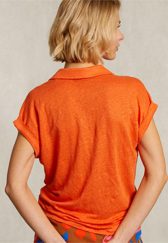 Orange Linen V-Neck T-Shirt Short Sleeves - Orange