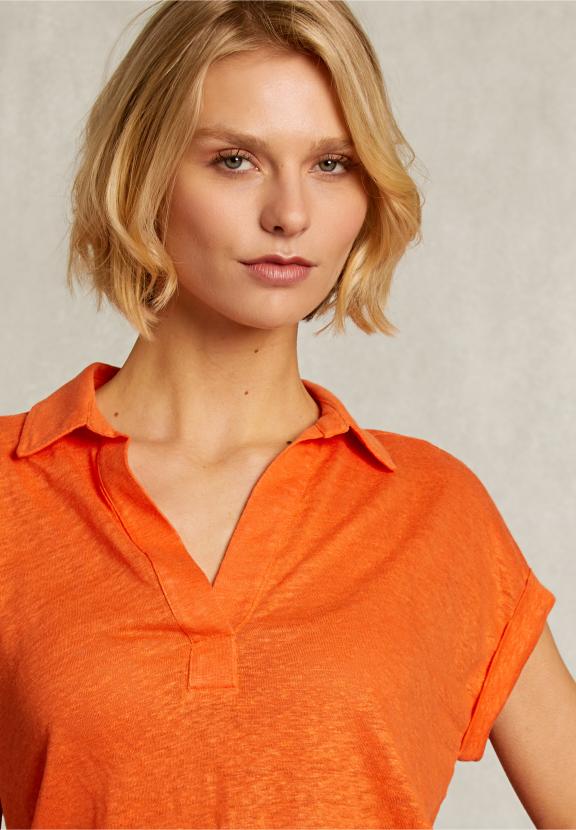 Orange Linen V-Neck T-Shirt Short Sleeves - Orange