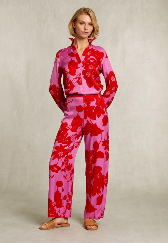 Red/Pink Floral Pants Elastic Waist - Roze