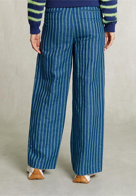 Blue/Green Striped Linen Pants - Bleu