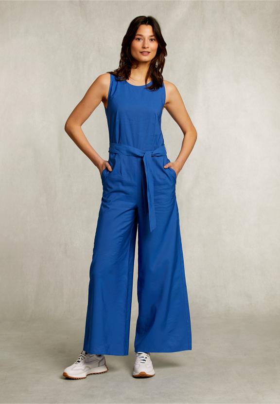 Blue Belted Sleeveless Jumpsuit - Blauw