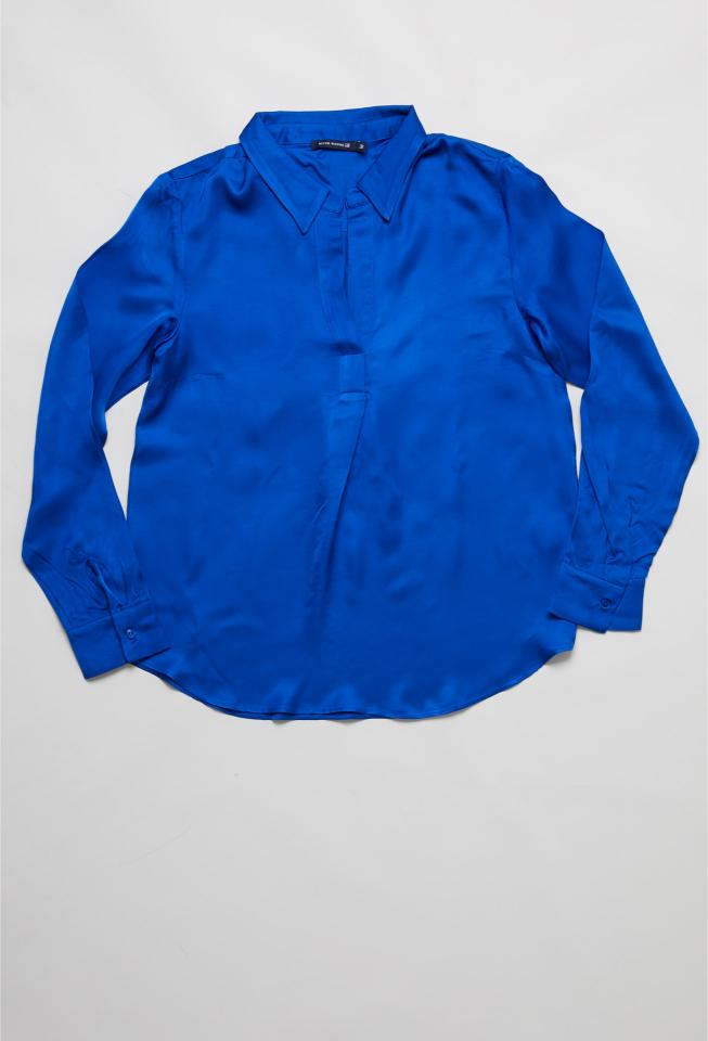 Blue Uni Satin Blouse Long Sleeves - Blauw