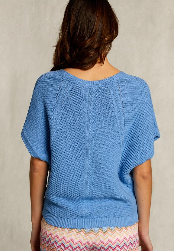 Blue V-Neck Sweater Short Sleeves - Bleu