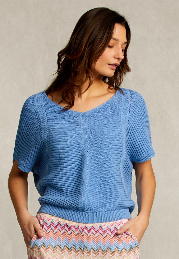 Blue V-Neck Sweater Short Sleeves - Blauw