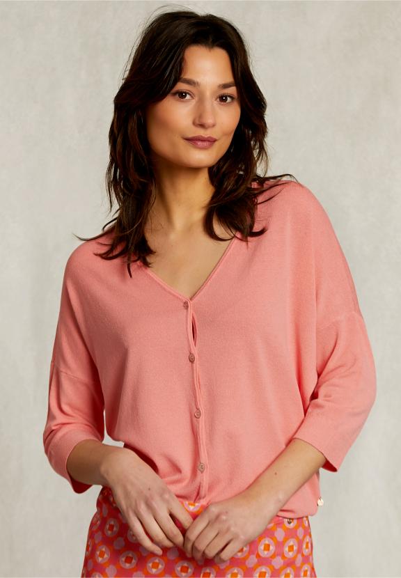 Pink V-Neck Cardigan 3/4 Sleeves - Rose