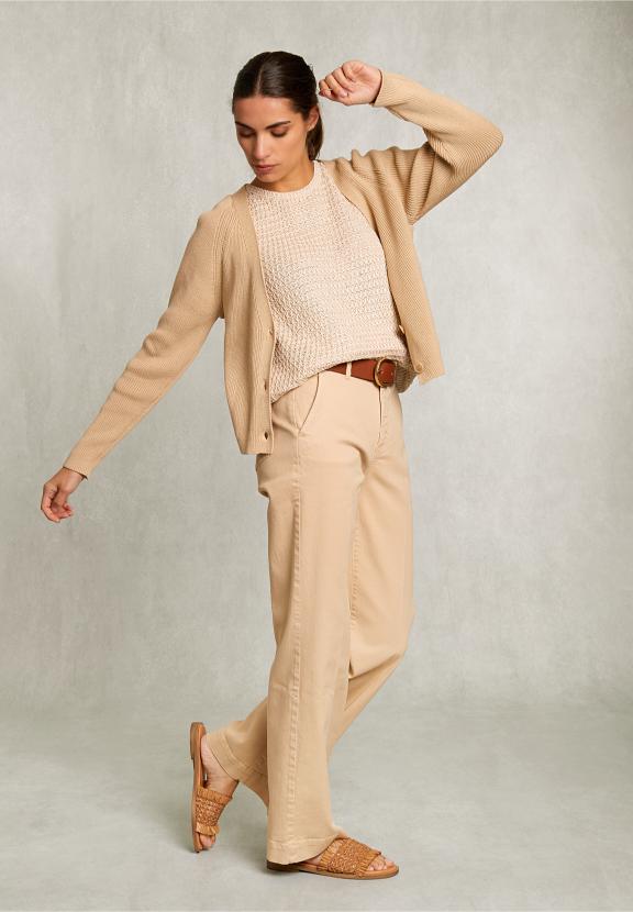 Beige Cotton V-Neck Cardigan - Beige