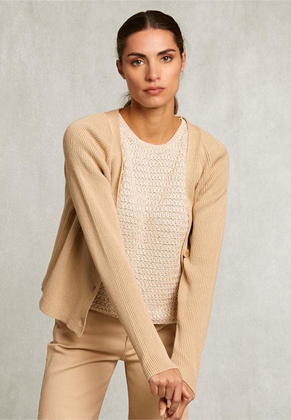 Beige Cotton V-Neck Cardigan - Beige