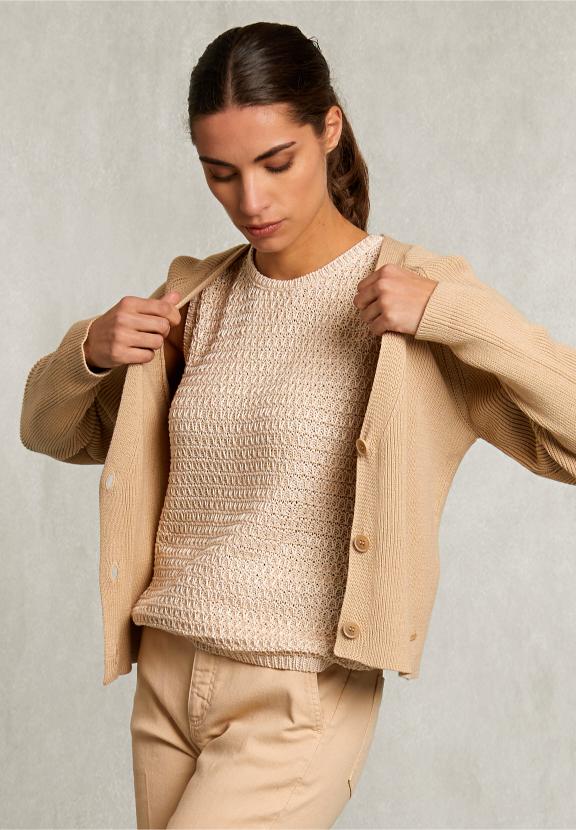 Beige Cotton V-Neck Cardigan - Beige