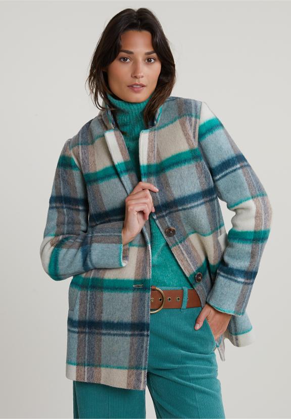 Green/Beige Checked Butttoned Coat - Vert
