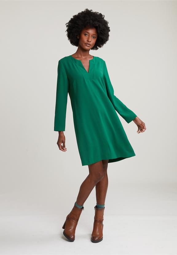 Green V-Neck Dress Long Sleeves - Vert