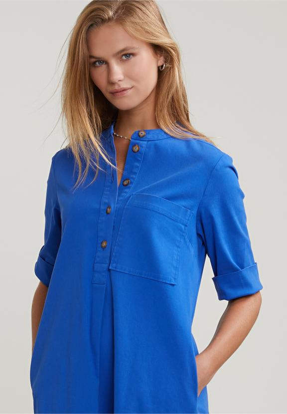 Blue Dress Applicated Pocket 3/4 Sleeves - Blauw