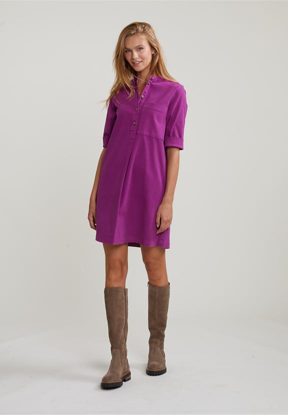 Purple Dress Applicated Pocket 3/4 Sleeves - Paars