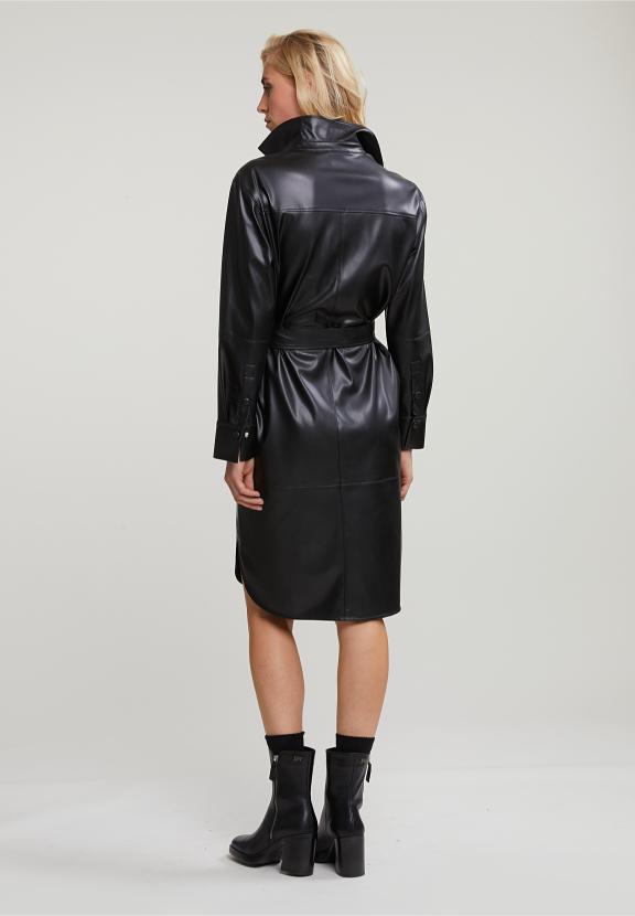 Black Vegan Leather Belted Dress - Noir