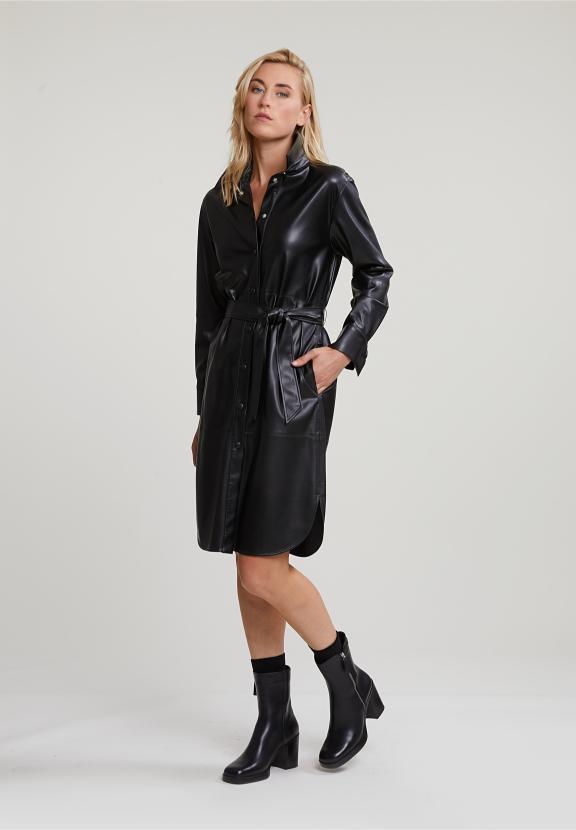 Black Vegan Leather Belted Dress - Zwart