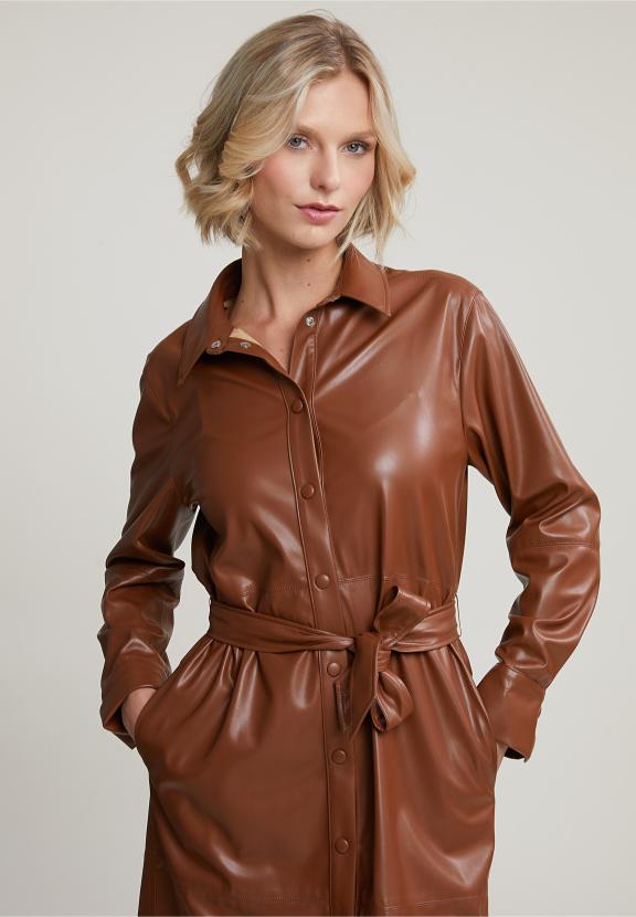 Brown Vegan Leather Belted Dress - Bruin