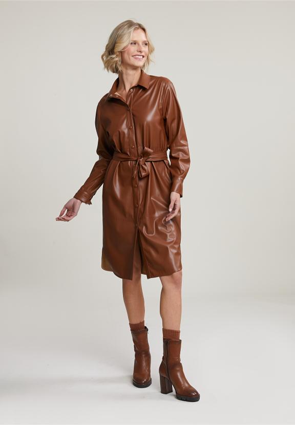 Brown Vegan Leather Belted Dress - Bruin