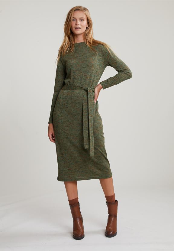 Khaki Belted Glitter Dress Long Sleeves - Bruin