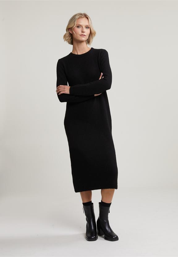 Black Long Crew Neck Dress - Zwart