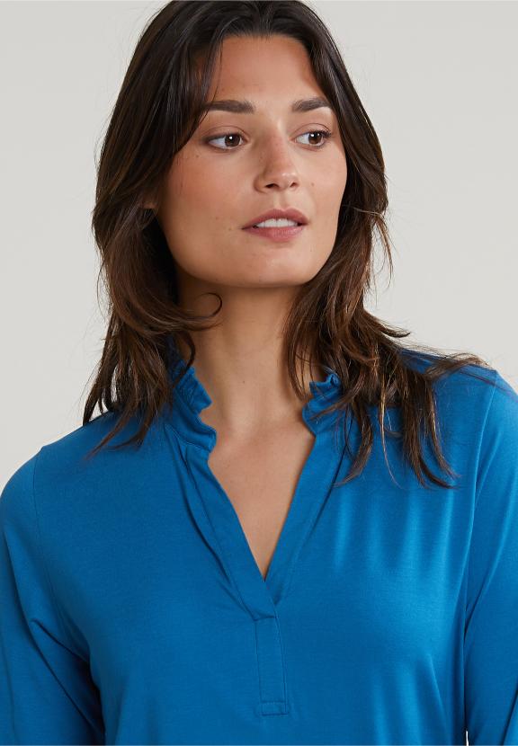 Petrol V-Neck T-Shirt Ruffle Collar - Bleu