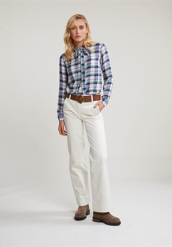 Green/Purple Checked Blouse Fancy Collar - Blauw