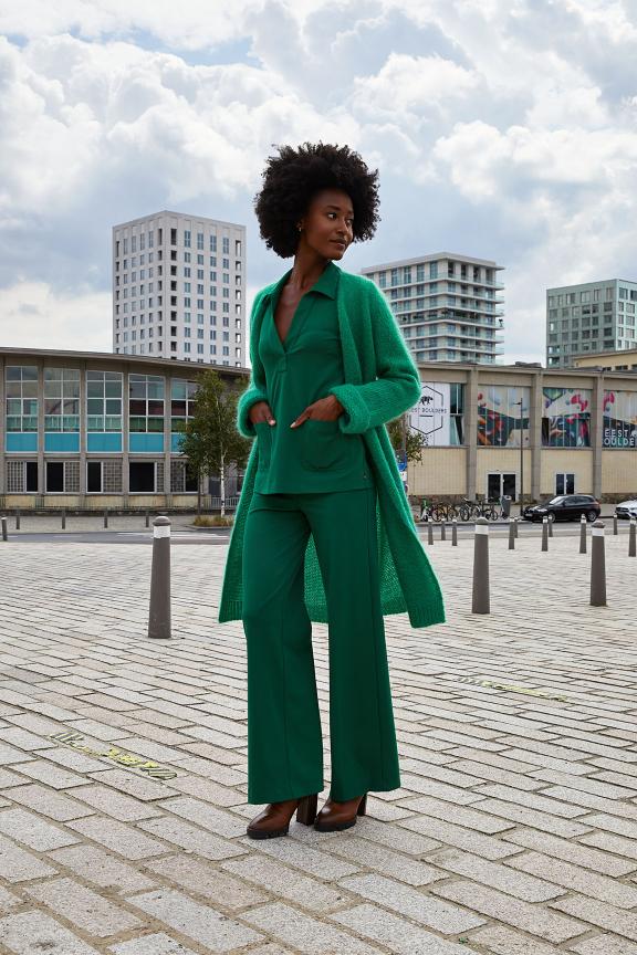 Green V-Neck Blouse Applied Pockets - Groen