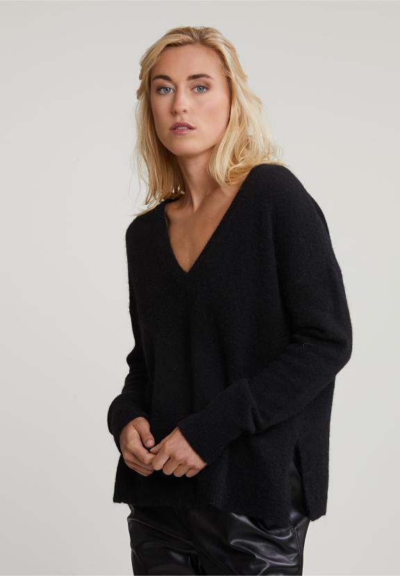 Black V-Neck Sweater Long Sleeves - Noir