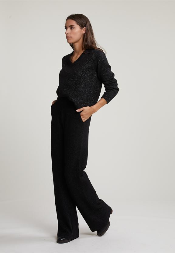 Black V-Neck Lurex Sweater Long Sleeves - Zwart