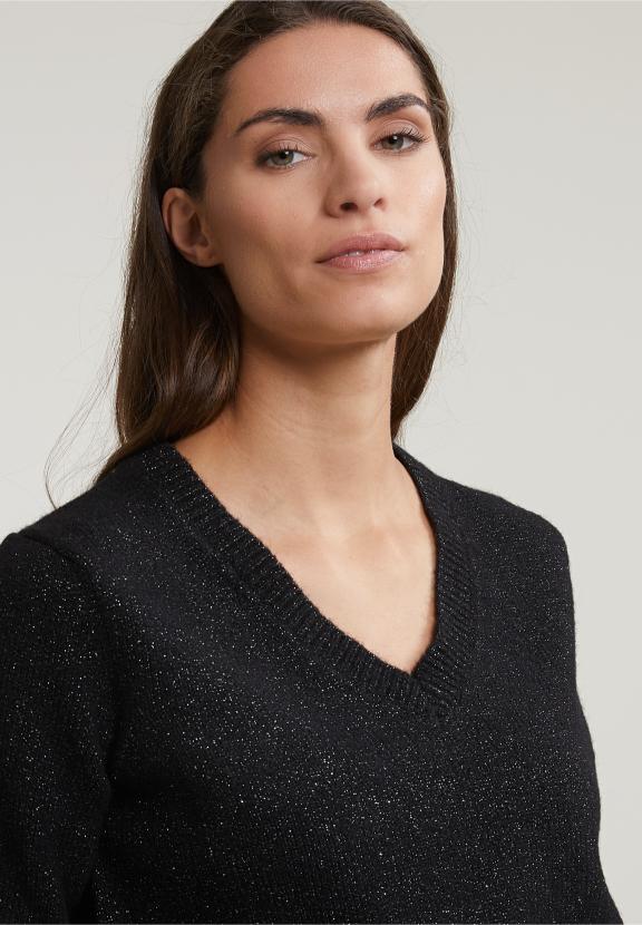 Black V-Neck Lurex Sweater Long Sleeves - Zwart